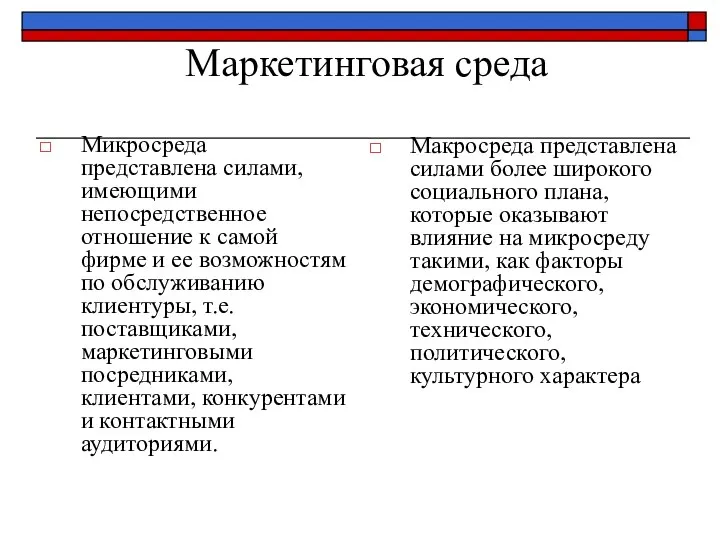 Маркетинговая среда Микросреда представлена силами, имеющими непосредственное отношение к самой фирме