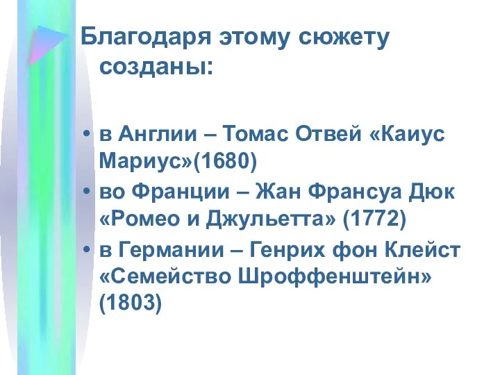 Благодаря этому сюжету созданы: в Англии – Томас Отвей «Каиус Мариус»(1680)