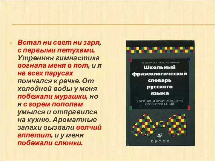 Встал ни свет ни заря, с первыми петухами. Утренняя гимнастика вогнала