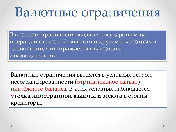 Валютные ограничения Валютные ограничения вводятся государством на операции с валютой, золотом