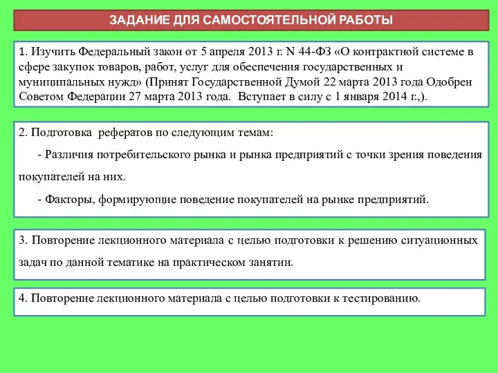 ЗАДАНИЕ ДЛЯ САМОСТОЯТЕЛЬНОЙ РАБОТЫ 1. Изучить Федеральный закон от 5 апреля