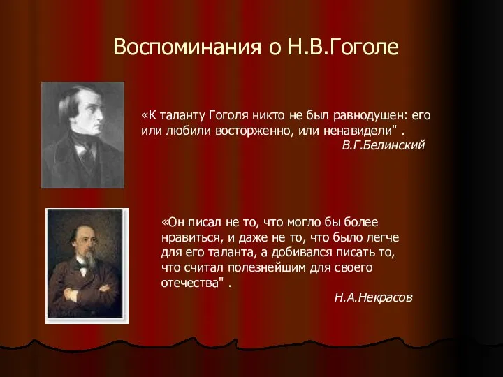 Воспоминания о Н.В.Гоголе «К таланту Гоголя никто не был равнодушен: его