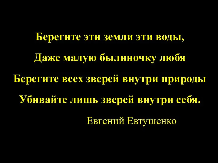 Берегите эти земли эти воды, Даже малую былиночку любя Берегите всех