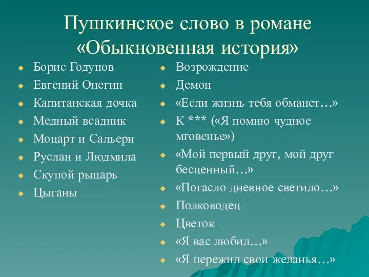 Пушкинское слово в романе «Обыкновенная история» Борис Годунов Евгений Онегин Капитанская