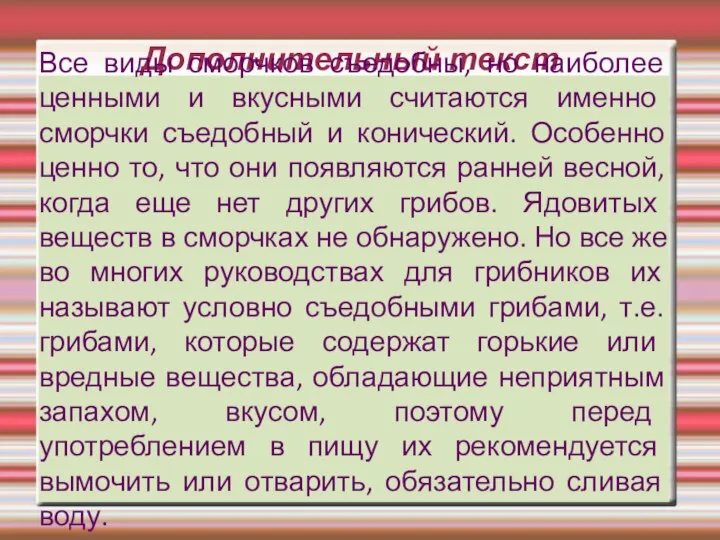 Дополнительный текст Все виды сморчков съедобны, но наиболее ценными и вкусными