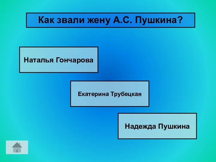 Как звали жену А.С. Пушкина? Наталья Гончарова Екатерина Трубецкая Надежда Пушкина