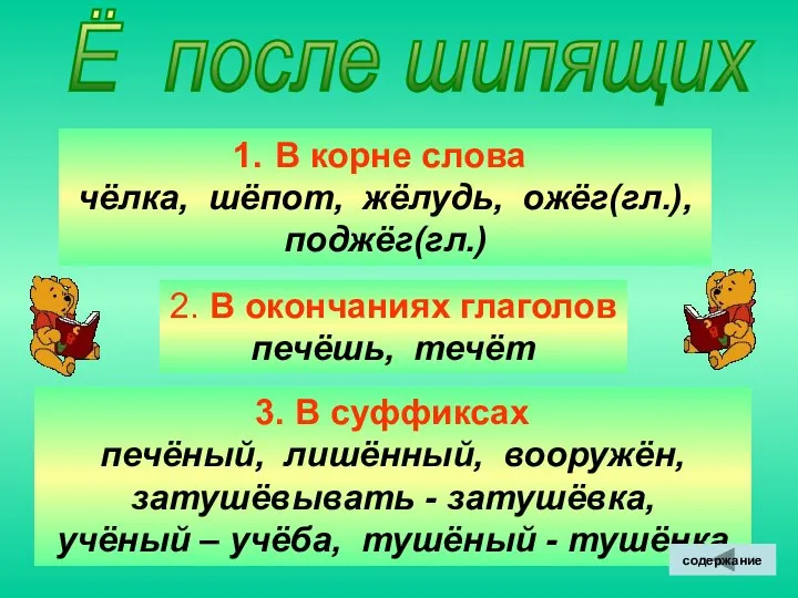 Ё после шипящих В корне слова чёлка, шёпот, жёлудь, ожёг(гл.), поджёг(гл.)