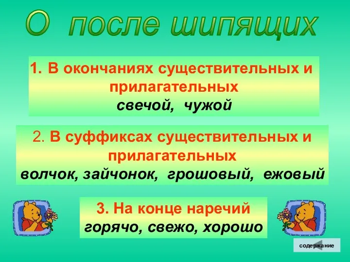 О после шипящих В окончаниях существительных и прилагательных свечой, чужой 2.