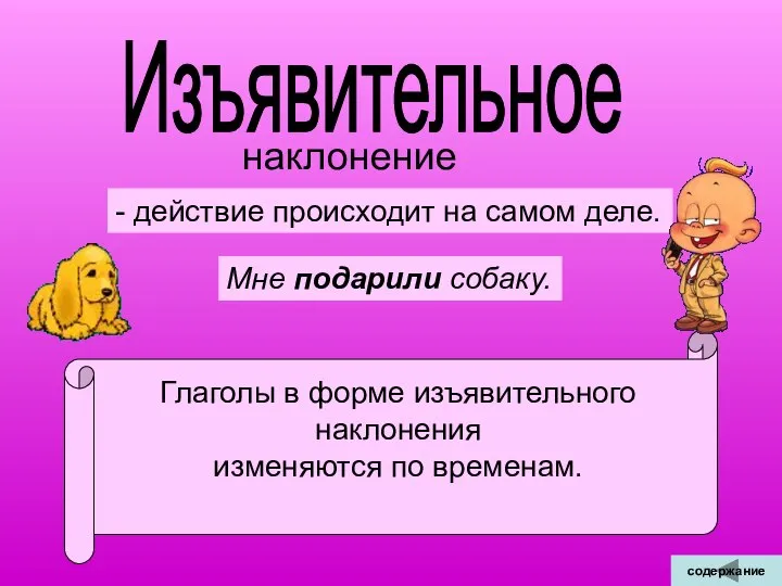 Изъявительное наклонение - действие происходит на самом деле. Мне подарили собаку.