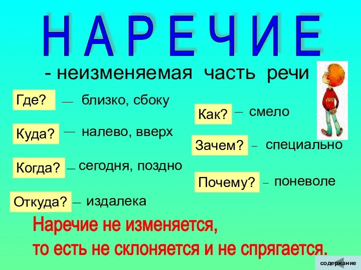 Н А Р Е Ч И Е - неизменяемая часть речи