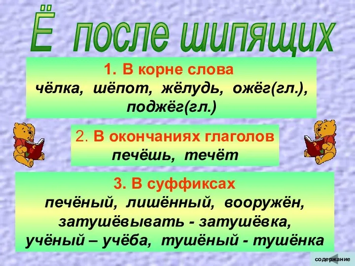 Ё после шипящих В корне слова чёлка, шёпот, жёлудь, ожёг(гл.), поджёг(гл.)