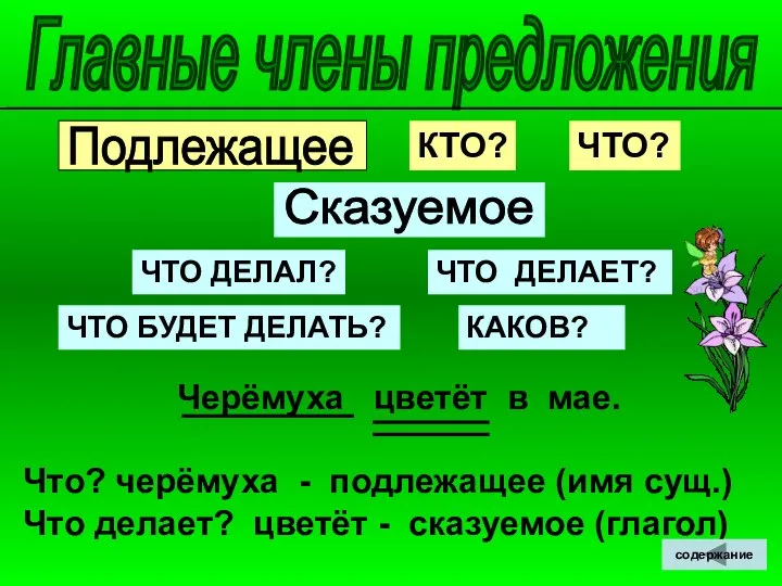 Черёмуха цветёт в мае. Что? черёмуха - подлежащее (имя сущ.) Что