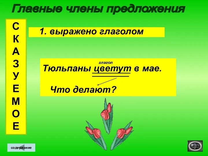 Главные члены предложения С К А З У Е М О Е содержание 1. выражено глаголом