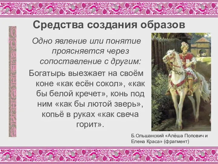 Средства создания образов Одно явление или понятие проясняется через сопоставление с