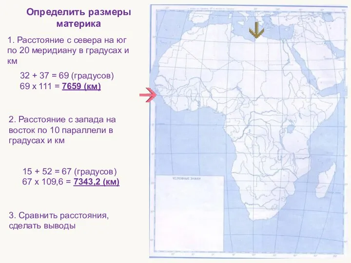 Определить размеры материка 1. Расстояние с севера на юг по 20