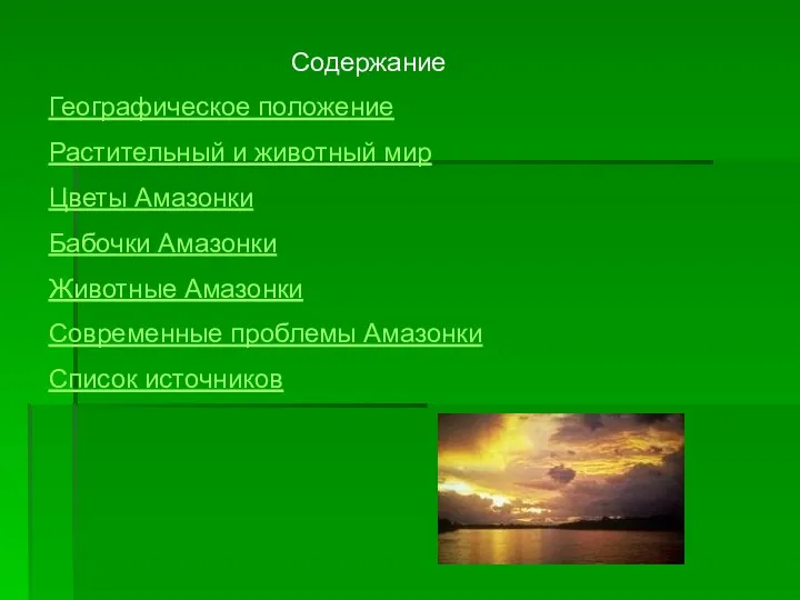 Содержание Географическое положение Растительный и животный мир Цветы Амазонки Бабочки Амазонки