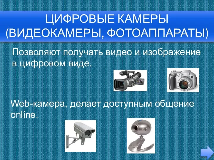 Цифровые камеры (видеокамеры, фотоаппараты) Позволяют получать видео и изображение в цифровом