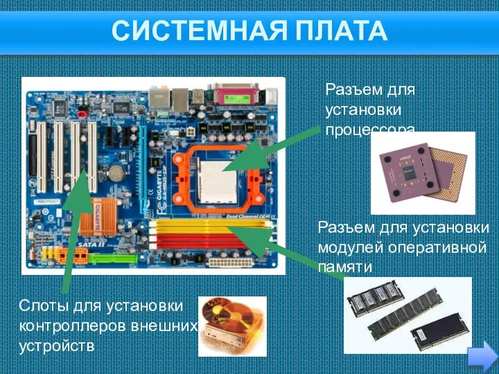 Системная плата Слоты для установки контроллеров внешних устройств Разъем для установки