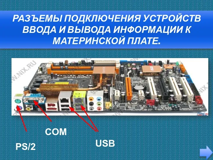 Разъемы подключения устройств ввода и вывода информации к материнской плате. COM PS/2 USB