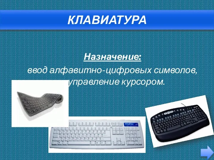 Клавиатура Назначение: ввод алфавитно-цифровых символов, управление курсором.