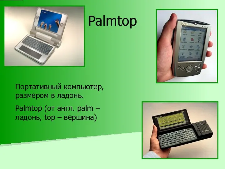 Palmtop Портативный компьютер, размером в ладонь. Palmtop (от англ. palm – ладонь, top – вершина)