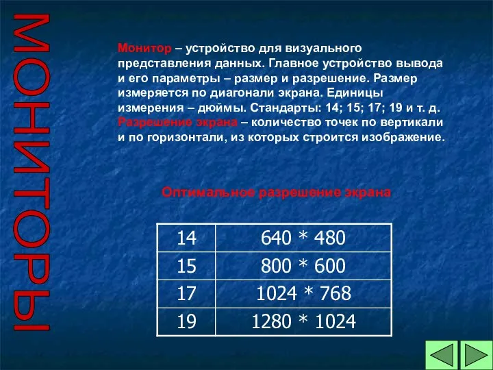 МОНИТОРЫ Монитор – устройство для визуального представления данных. Главное устройство вывода