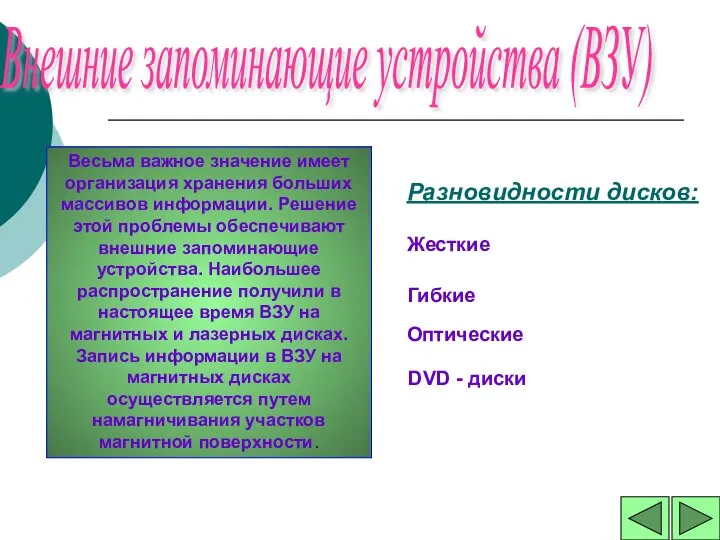 Внешние запоминающие устройства (ВЗУ) Весьма важное значение имеет организация хранения больших