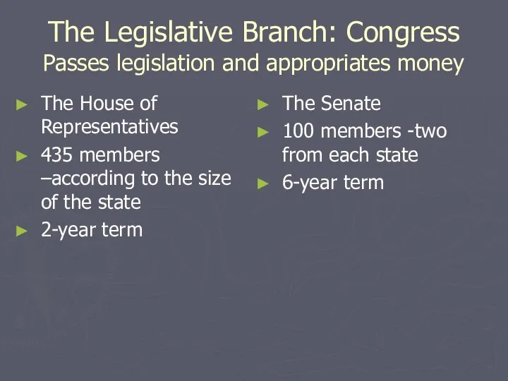 The Legislative Branch: Congress Passes legislation and appropriates money The House