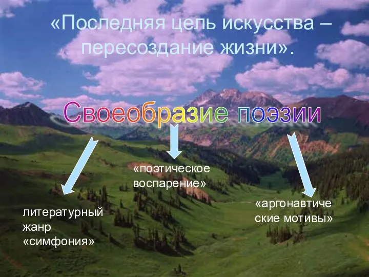 «Последняя цель искусства – пересоздание жизни». литературный жанр «симфония» «поэтическое воспарение» «аргонавтические мотивы» Своеобразие поэзии