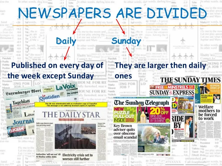 Newspapers are divided Daily Sunday Published on every day of the