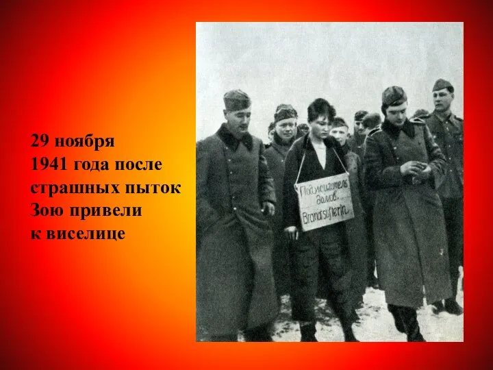 29 ноября 1941 года после страшных пыток Зою привели к виселице