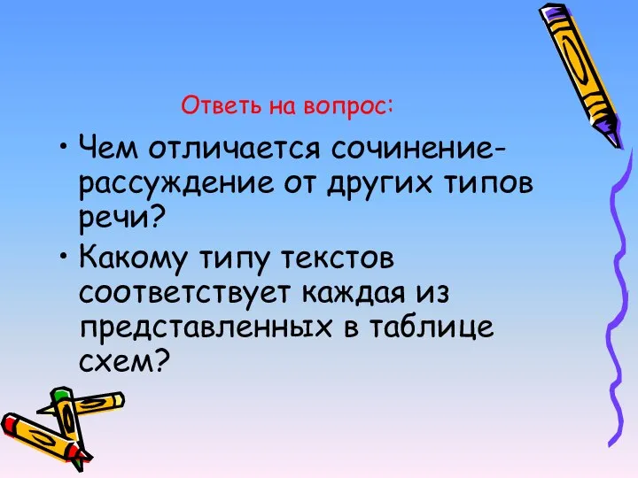 Ответь на вопрос: Чем отличается сочинение-рассуждение от других типов речи? Какому