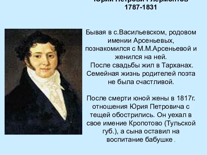 Юрий Петрович Лермонтов 1787-1831 Бывая в с.Васильевском, родовом имении Арсеньевых, познакомился