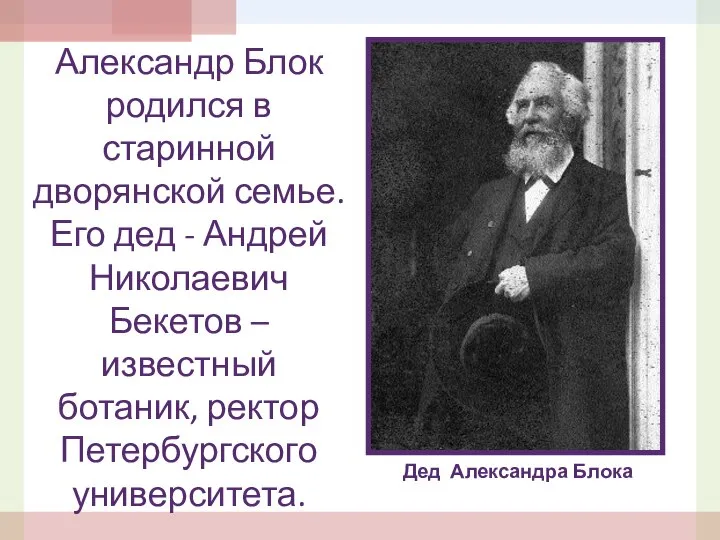 Александр Блок родился в старинной дворянской семье. Его дед - Андрей