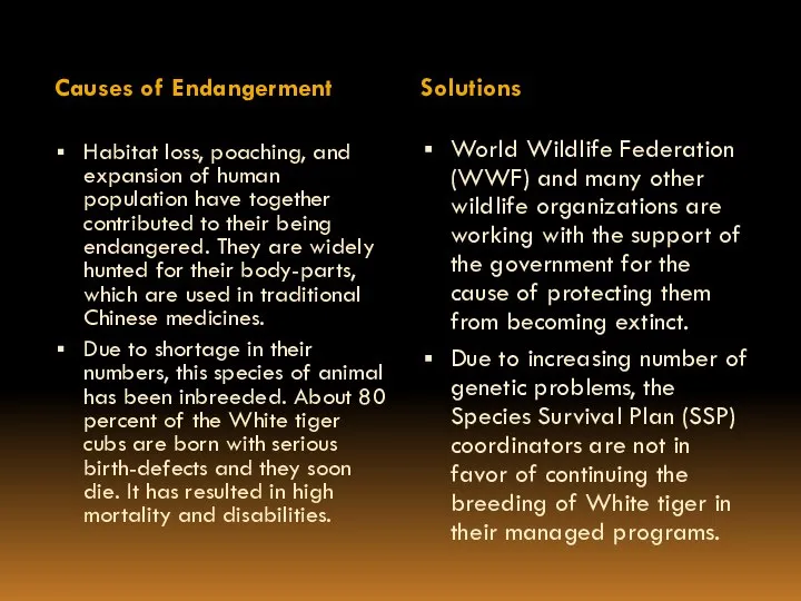 Causes of Endangerment Solutions Habitat loss, poaching, and expansion of human