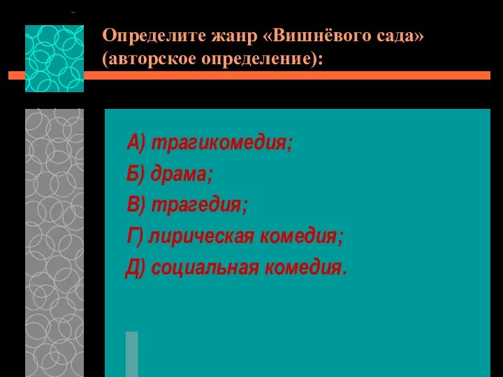 Определите жанр «Вишнёвого сада» (авторское определение): А) трагикомедия; Б) драма; В)