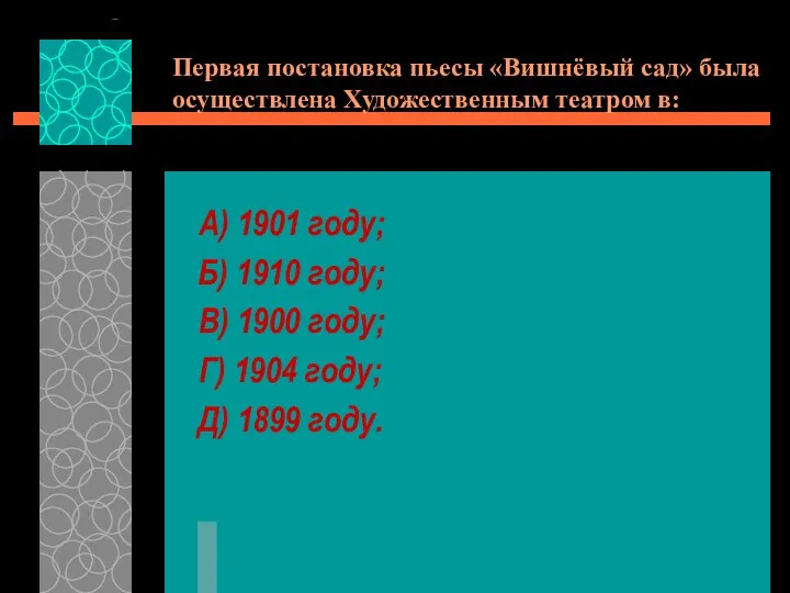 Первая постановка пьесы «Вишнёвый сад» была осуществлена Художественным театром в: А)