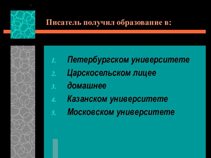 Писатель получил образование в: Петербургском университете Царскосельском лицее домашнее Казанском университете Московском университете