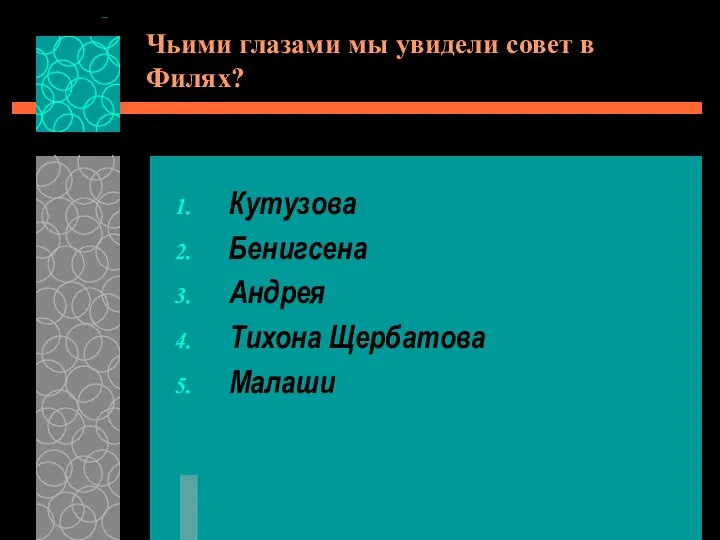 Чьими глазами мы увидели совет в Филях? Кутузова Бенигсена Андрея Тихона Щербатова Малаши