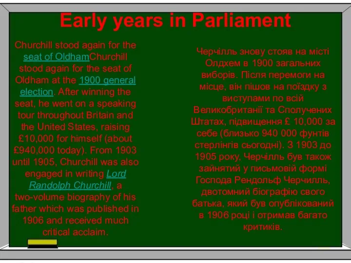 Early years in Parliament Черчілль знову стояв на місті Олдхем в