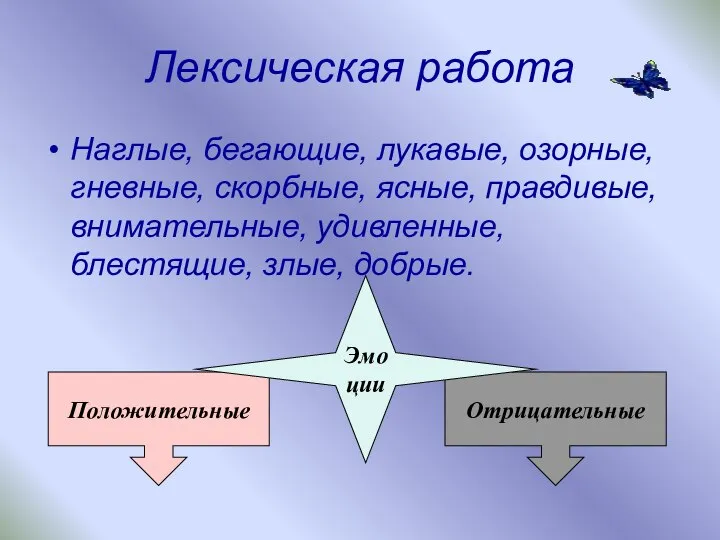 Лексическая работа Наглые, бегающие, лукавые, озорные, гневные, скорбные, ясные, правдивые, внимательные,