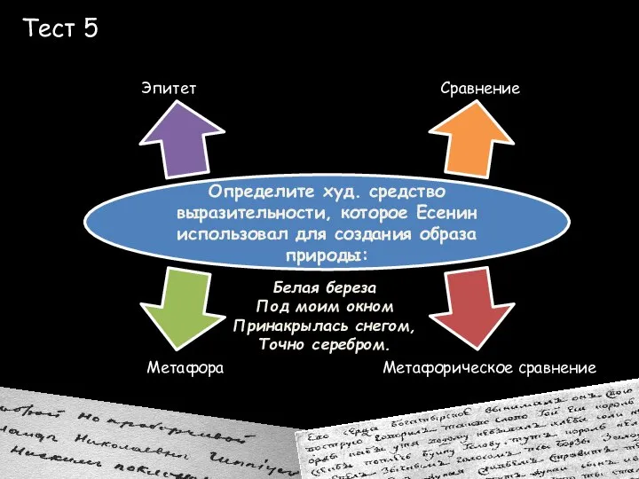 Тест 5 Эпитет Сравнение Метафорическое сравнение Метафора Определите худ. средство выразительности,