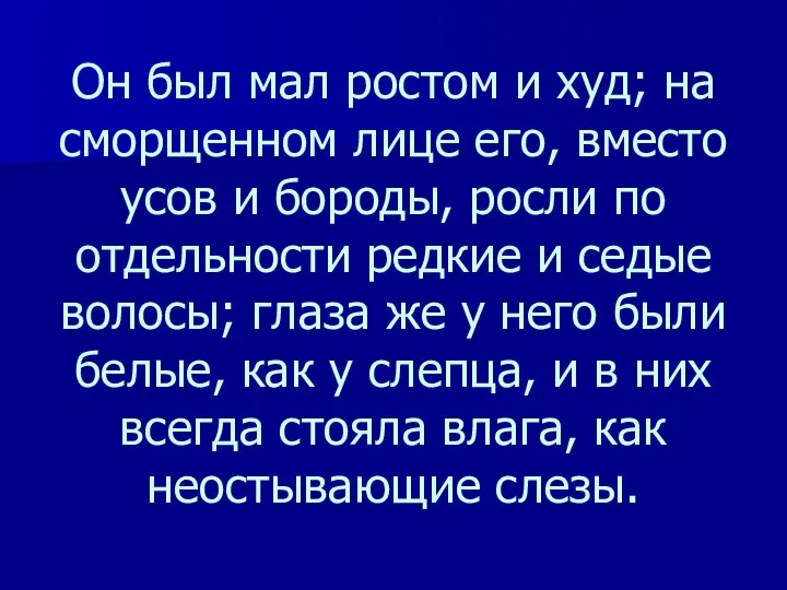 Он был мал ростом и худ; на сморщенном лице его, вместо