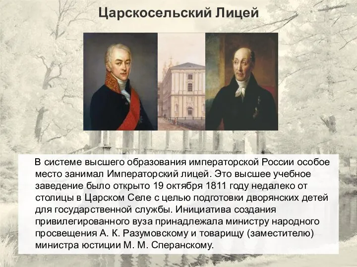 В системе высшего образования императорской России особое место занимал Императорский лицей.