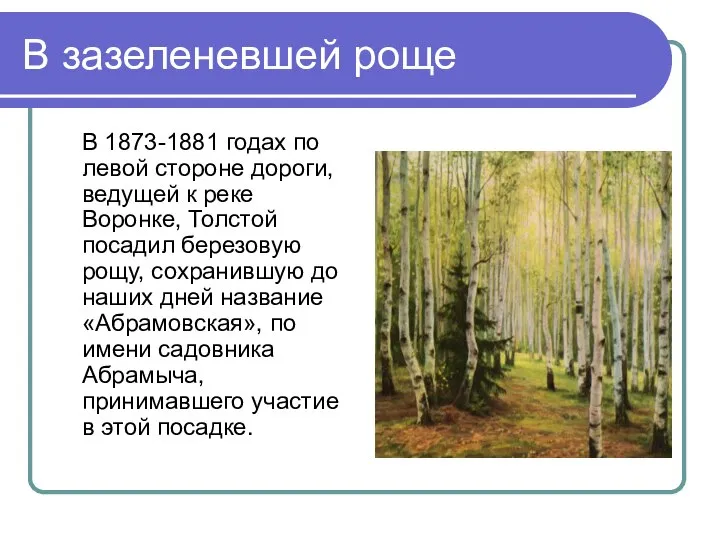 В зазеленевшей роще В 1873-1881 годах по левой стороне дороги, ведущей