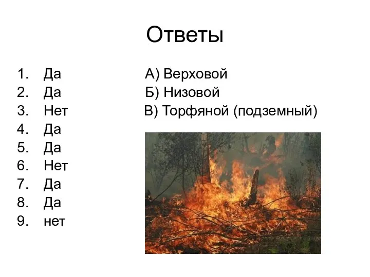 Ответы Да А) Верховой Да Б) Низовой Нет В) Торфяной (подземный)