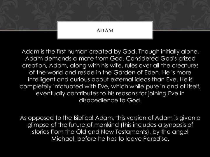 Adam is the first human created by God. Though initially alone,