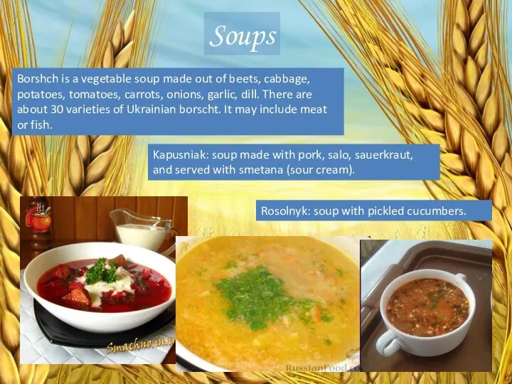 Soups Borshch is a vegetable soup made out of beets, cabbage,