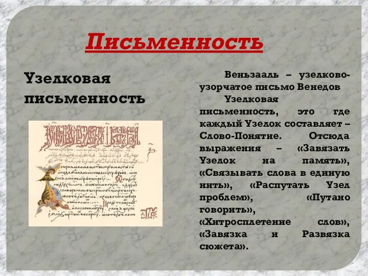 Письменность Узелковая письменность Веньзааль – узелково-узорчатое письмо Венедов Узелковая письменность, это