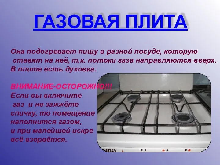 ГАЗОВАЯ ПЛИТА Она подогревает пищу в разной посуде, которую ставят на